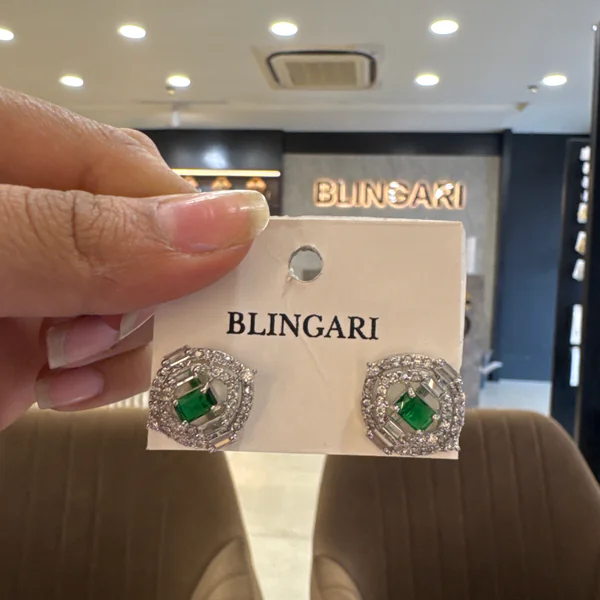 Sm Emerl Slvr - Earrings & Jhumkas from BLINGARI luxury Indian fashion collection