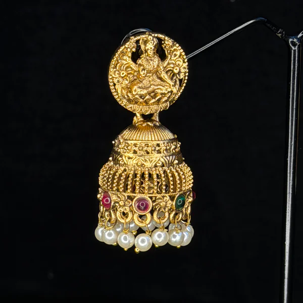 Swarna Pearl Jhumka - Earrings from BLINGARI luxury Indian fashion collection