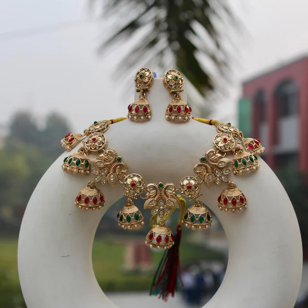 Rajkumari Jhumka Set - Necklaces from BLINGARI luxury Indian fashion collection