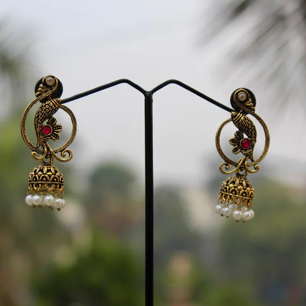 Mayura Peacock Jhumka - Earrings from BLINGARI luxury Indian fashion collection