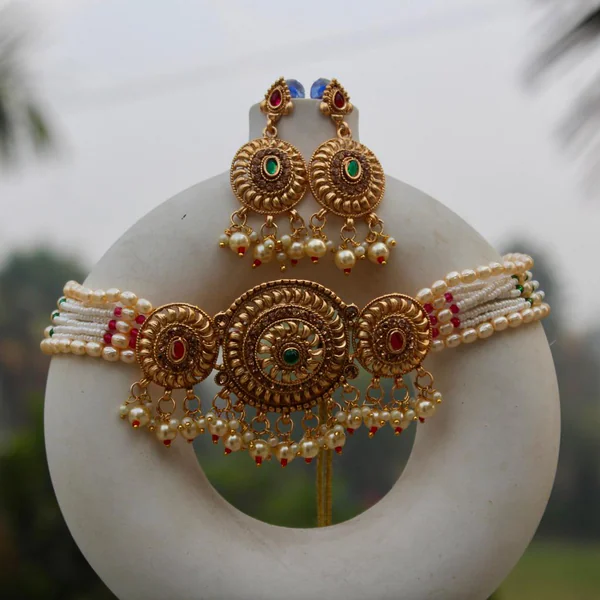 Sundari Pearl Choker - Necklaces from BLINGARI luxury Indian fashion collection