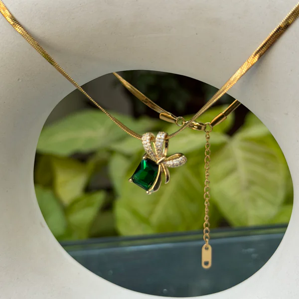 Green Bow Gold Chain - Necklaces from BLINGARI luxury Indian fashion collection