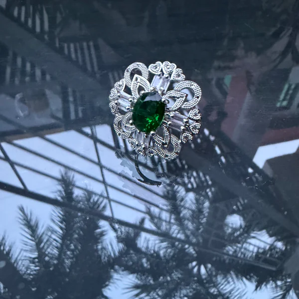 Bloom Silver Emrald Ring - Rings from BLINGARI luxury Indian fashion collection