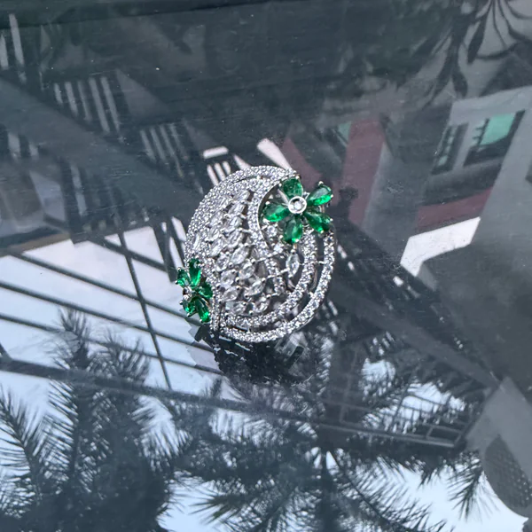Crescent Bloom Ring Green - Rings from BLINGARI luxury Indian fashion collection