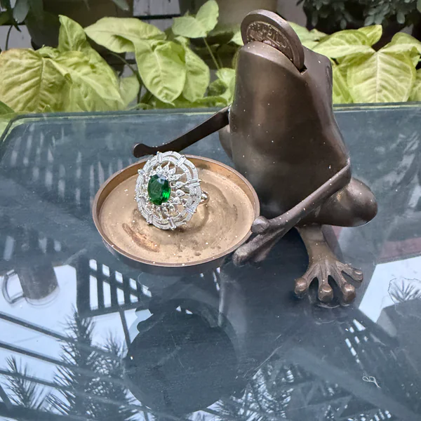 Flower Emerald Silver Ring - Rings from BLINGARI luxury Indian fashion collection