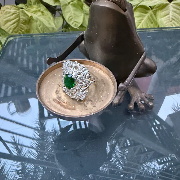 Square Silver Emerald Ring - Rings from BLINGARI luxury Indian fashion collection