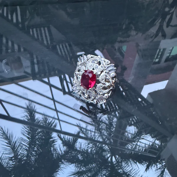 Square Silver Ruby Ring - Rings from BLINGARI luxury Indian fashion collection